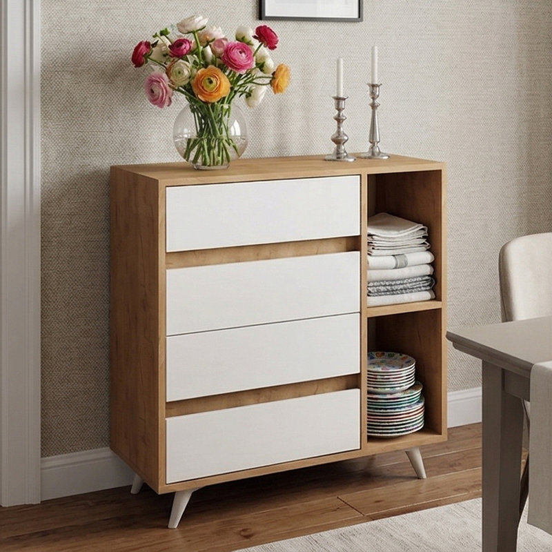 Finnick 34'' Tall 4-Drawer Accent Cabinet with Open Shelving