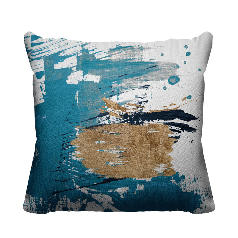 Coussin décoratif intérieur / extérieur Sarian, L 17 po x H 17 po, Turquoise / or / blanc