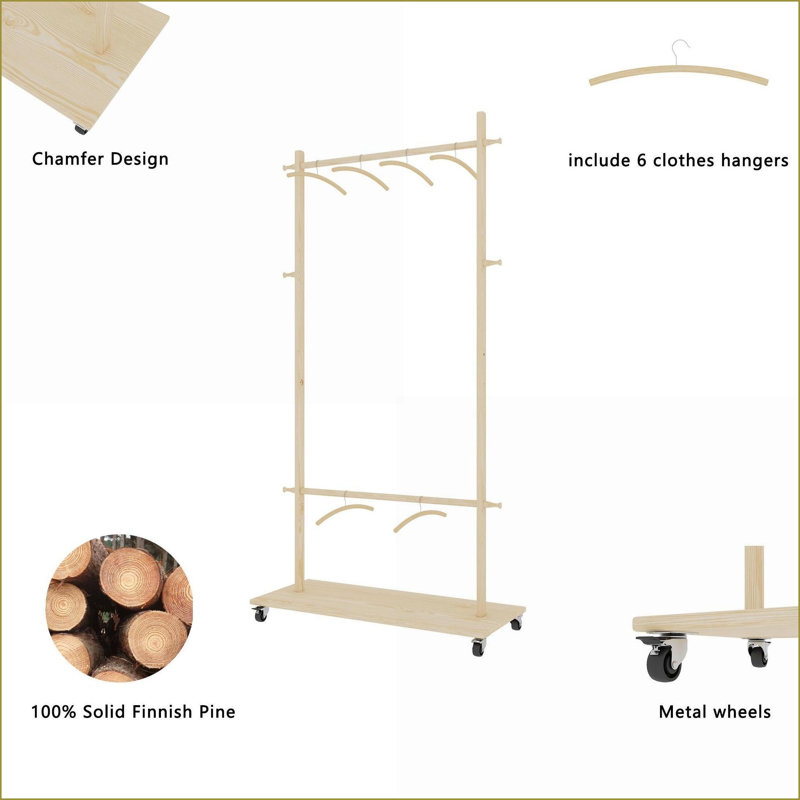 Coat Racks with 6 Wooden Hangers - Solid Wood, Space-Saving, Adjustable Shelf &amp; Wheels | Old Pine | Wood