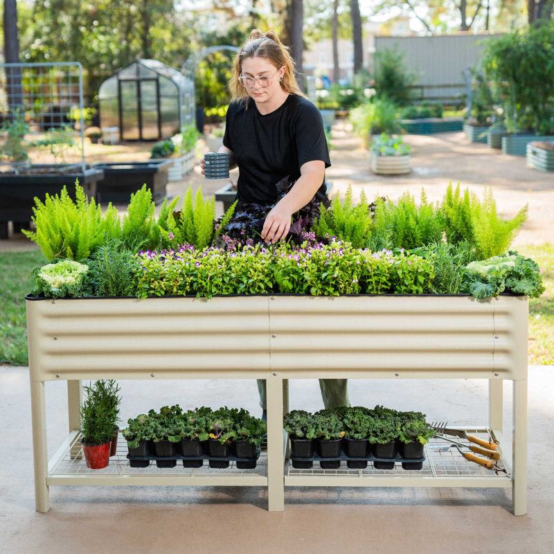 32" Tall 72" Long Metal Outdoor Elevated Planter, Pearl White