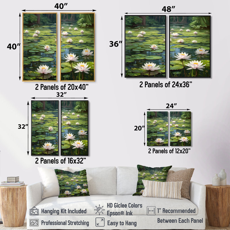 Magical Lotus Lily Pad Pond - Art mural moderne, H 32 po x l 32 po, Impression encadrée flottante, Noir