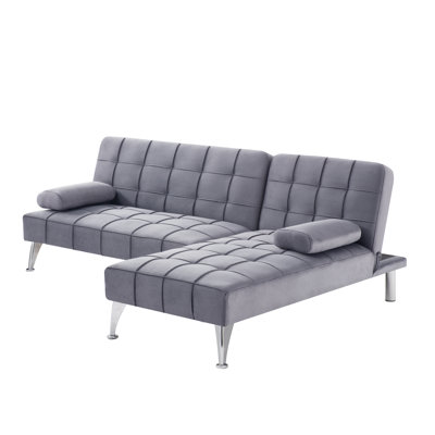 Reversible L-shaped Sectional Sleeper Sofa With Chaise, Velvet Upholstered, Solid Wood Frame, For Home/office,grey