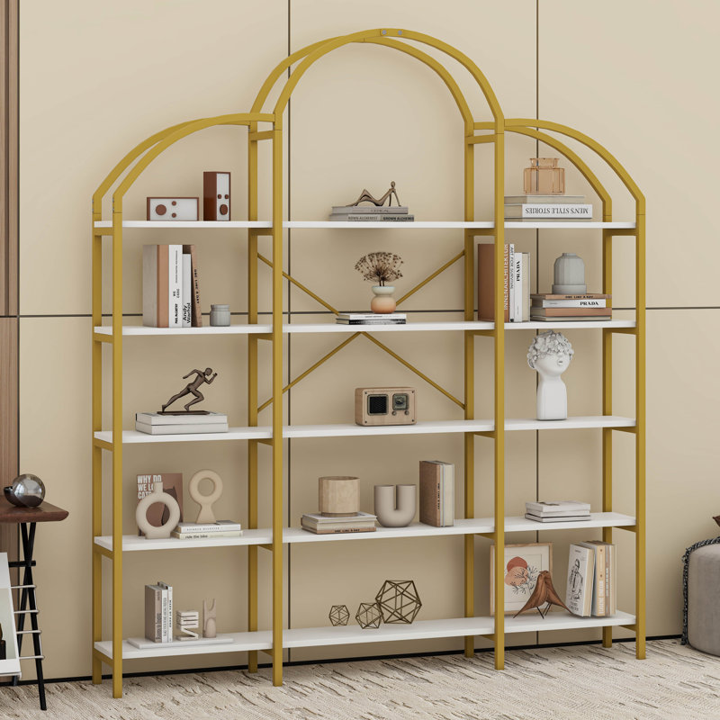 74.8 Inch 5 Tiers Office Bookcase Bookshelf, Display Shelf With Round Top, X Bar