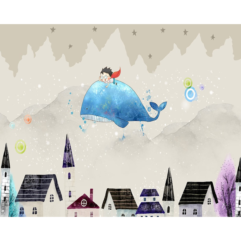Caricature Adley, paysage de village, petit enfant, l 55 po x L 35 po