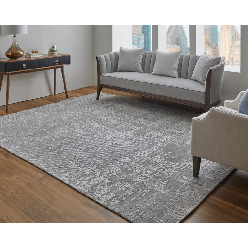 Tapis gris abstrait en viscose tissé à la main, Tapis de couloir 2 pi 6 po x 10 pi