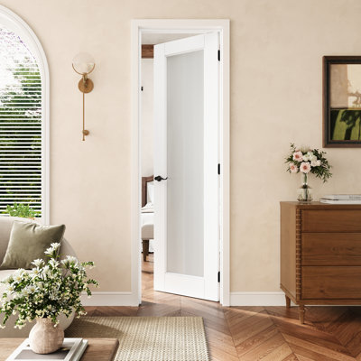 Porte pré-suspendue 24 po x 80 po en verre givré 1-Lite avec charnières noires, dalle de porte d'intimité en verre avec cadre, porte intérieure comme garde-manger, porte de chambre à coucher, porte de buanderie, portes de placard, portes de pièce, droite