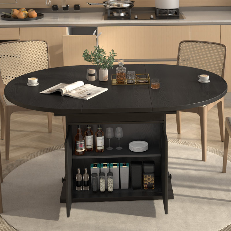 Table de salle à manger extensible en bois massif avec armoire de rangement - Sièges de table extensibles ronds à ovales 6-8, grain de noyer naturel, idéal pour la salle à manger et les petits appartements, noir