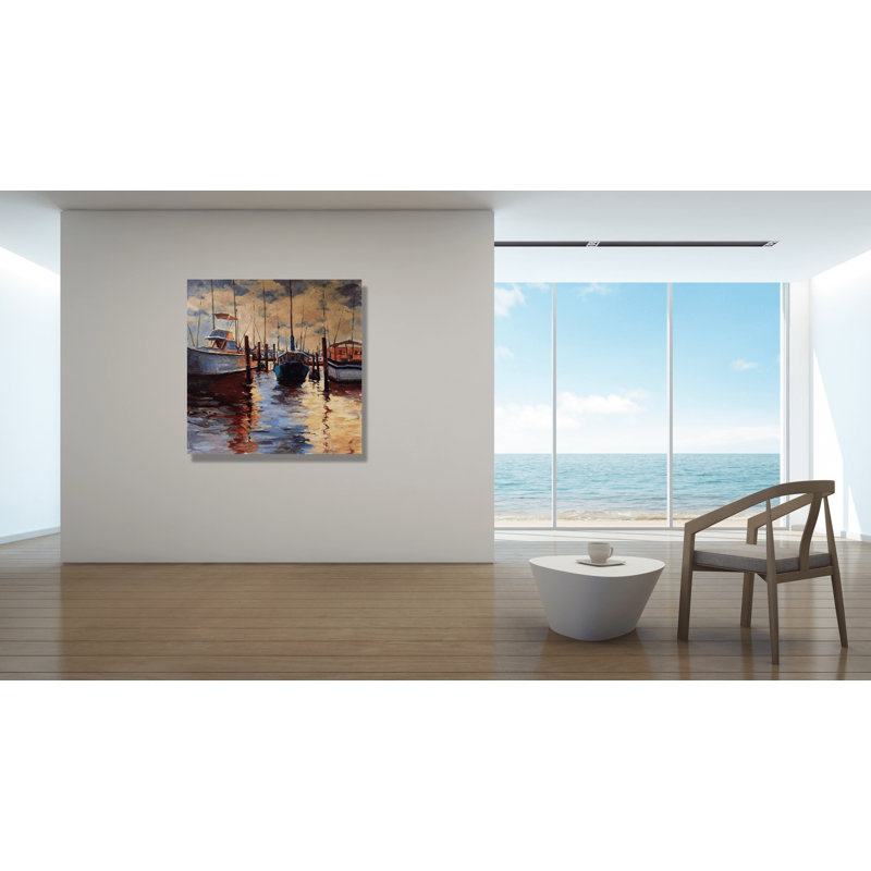 Docks At Sunset - Artist Enhanced Canvas Print, Brown Framed Canvas, 48" H x 48" W x 1.75" D
