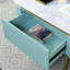 Console moderne en bleu sarcelle avec plan de travail en faux marbre blanc et tiroir