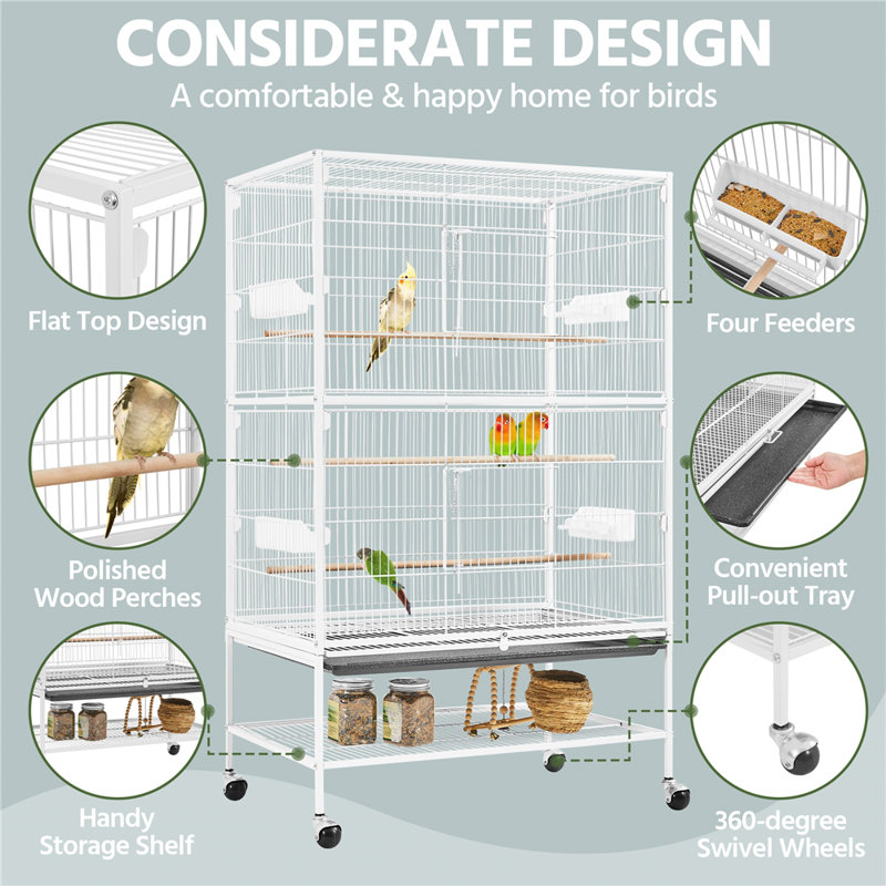 White 52'' Rolling Steel Bird Cage with Perches and Storage