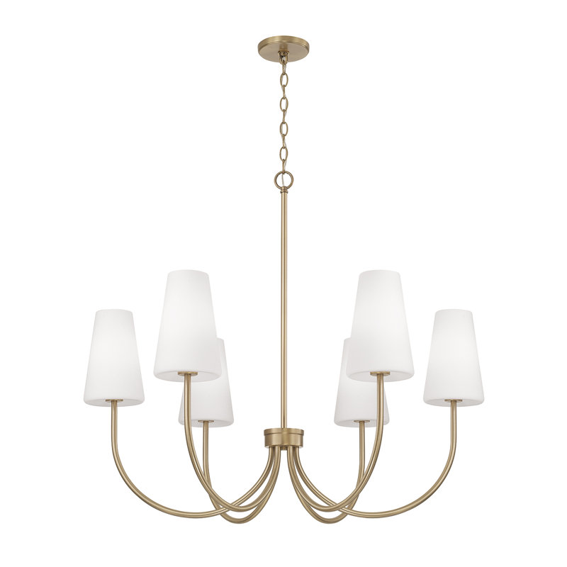 37.25" W x 26.5" H 6-Light Transitional Chandelier with Tapered Soft White Glass, Brass