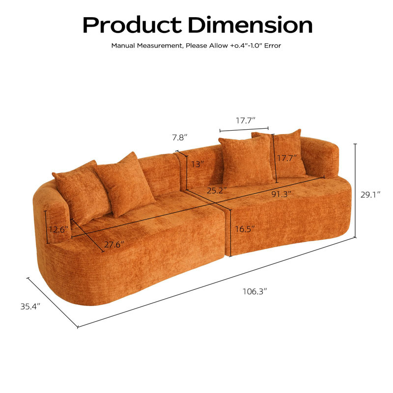 Canapé à compression incurvé sans assemblage requis, Chenille orange
