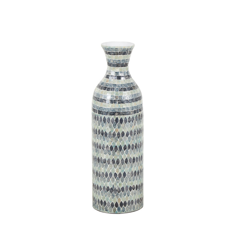 Capiz Shell Handmade Mosaic Blue Decorative Vase With White Interior, 26.2" H x 8.1" W x 8.1" D