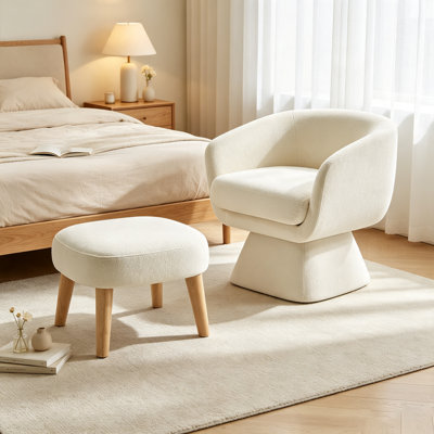 Fauteuil lounge moderne avec repose-pieds, fauteuil de détente recouvert de tissu beige et blanc pour petits espaces