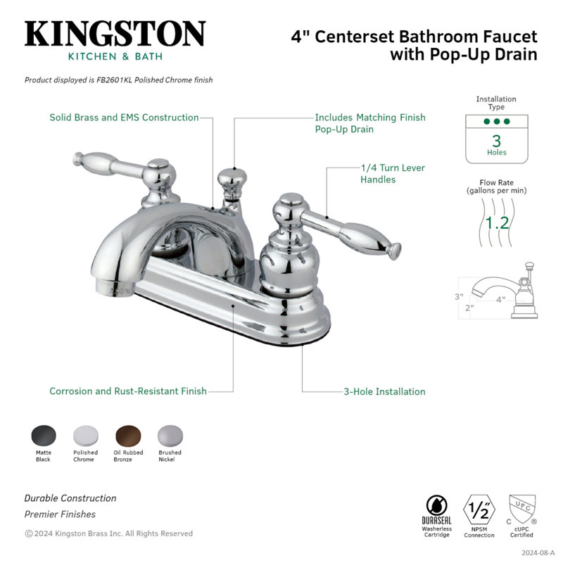 Robinet de salle de bain central à 4 poignées à 3 trous à fixation sur le comptoir en laiton Kingston, Nickel brossé