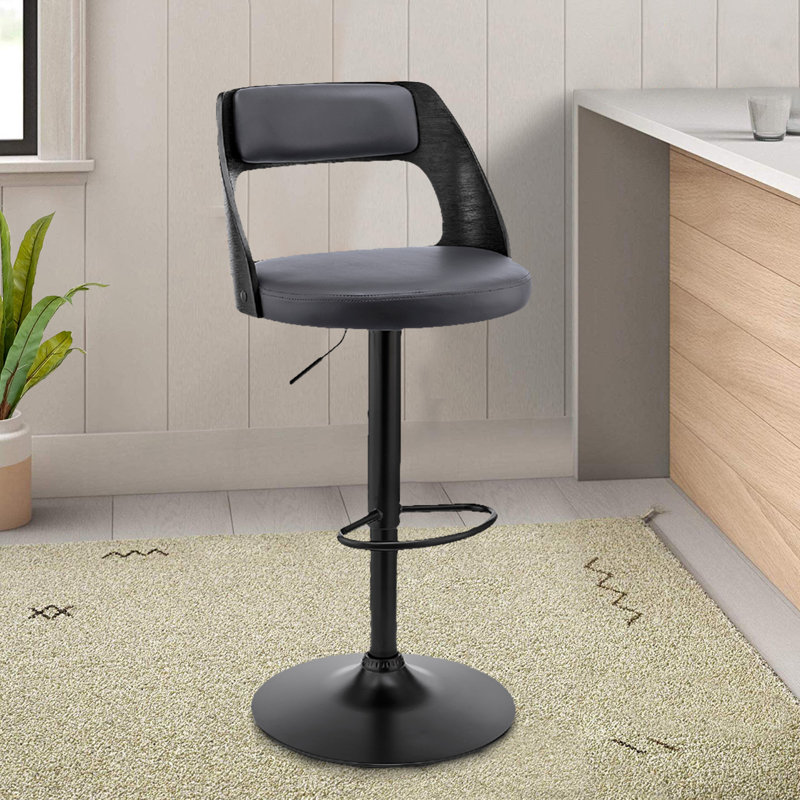 Carridice Mid-century Swivel Adjustable Height Bar Stool with Open Back in Faux Leather, Wood, Metal, Black, Dark Grey