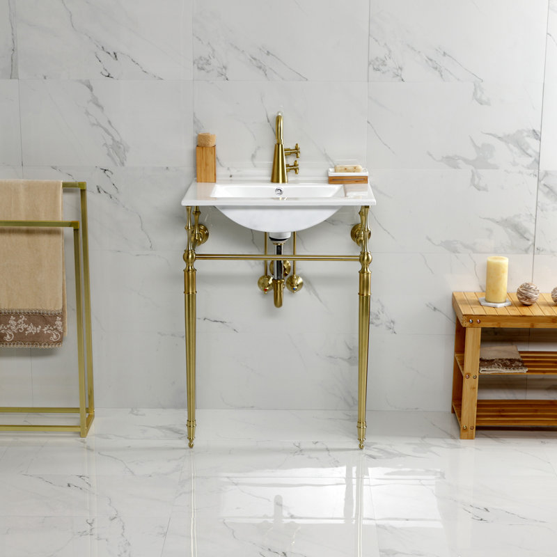 Kingston Brass Edwardian 24-Inch Ceramic Console Sink with Brass Legs (1-Hole), White/Brushed Brass