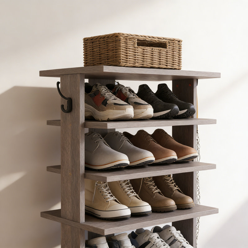 7 Tier Vertical Shoe Rack with Hooks - Entryway Shoe Storage Organizer | Space-Saving Shoe Tower for Bedroom, Closet, Gray