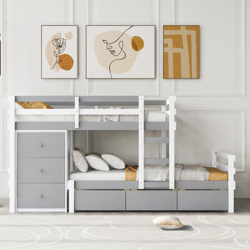 Lit superposé simple au-dessus d'un lit simple avec tiroirs et échelle, gris, Gris