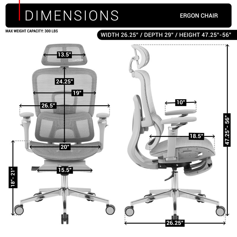 Chaise de bureau ergonomique en filet avec accoudoirs 5D et repose-pieds rétractable, Gris