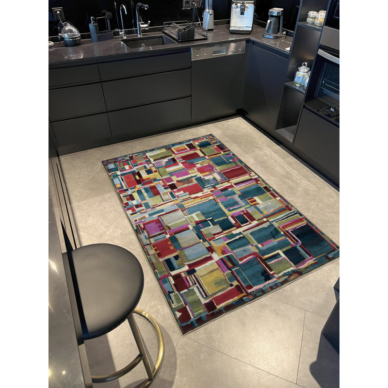 Tapis décoratif moderne multicolore à motifs foncés et multicolores, Tapis de couloir 3 pi 3,37 po x 9 pi 10,11 po