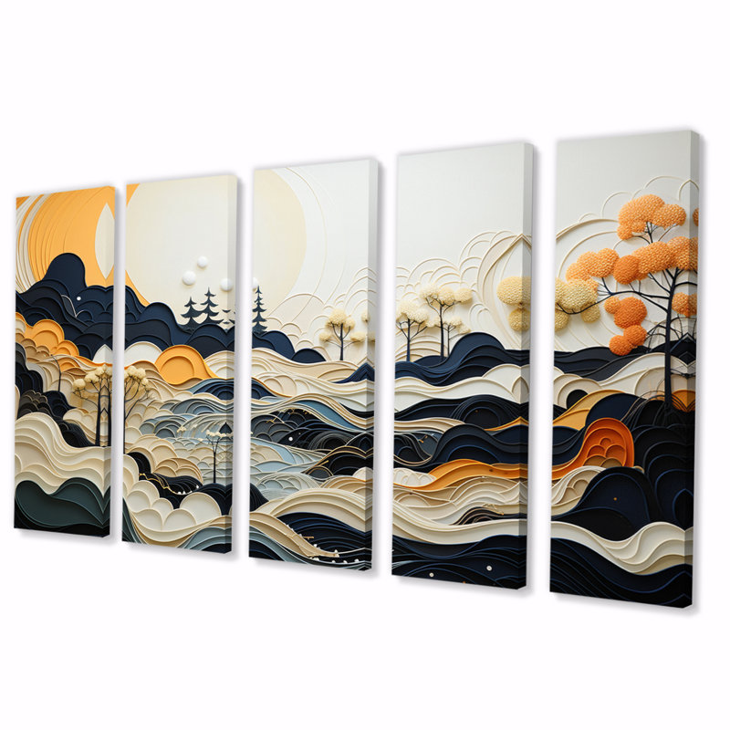 «Gray Orange Line Art Landscape», reproduction de toile tendue 5 pièces