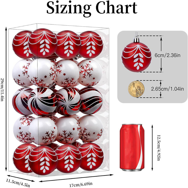 Ornements de boules de Noël 30ct 2,36 pouces, rouge et blanc, 60mm