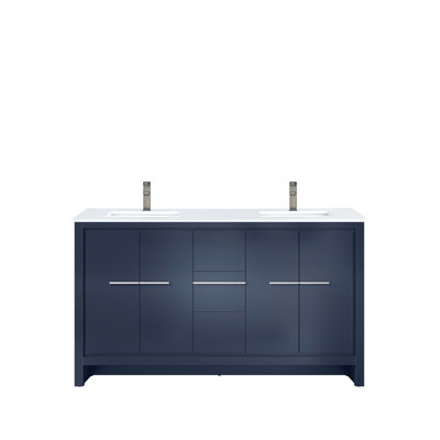 Meuble-lavabo double bleu marine l 60 po x P 20 po, comptoir en marbre de culture et robinet en métal, rangement à fermeture douce et tablette volumineuse de 60 po 20 jours avec abondance