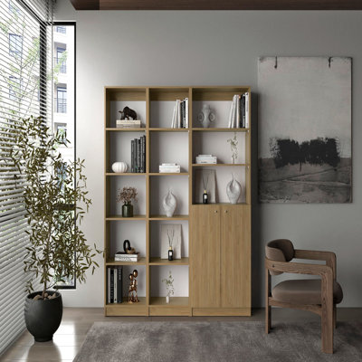 Bookcase Set 3 Piece 71.1" H with Cabinet Storage, Tall Bookshelf Combo with Open Shelves - Natural Oak