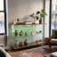 Buffet moderne en verre de 63 po avec armoire en verre trempé, plateau et base en grain de bois de noyer, bande lumineuse à DEL multicolore avec application et télécommande, armoire de rangement pour présentoir