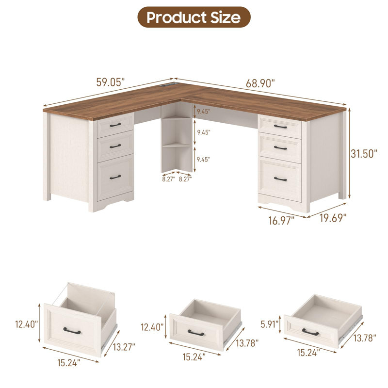 Wood L Shaped Executive Desk With 6 Drawers, Brown