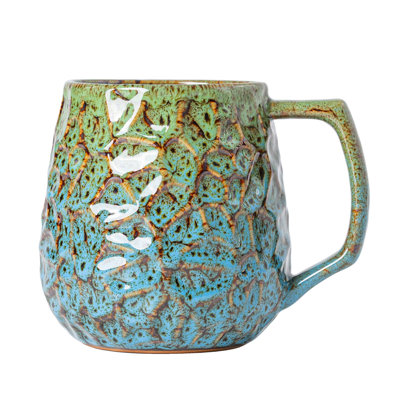 18oz Unique Kiln-Change Ceramic Coffee Mug, Handcrafted Hammered Texture Ceramic Mug with Ergonomic Handle, Microwave & Dishwasher Safe(Green-Blue)