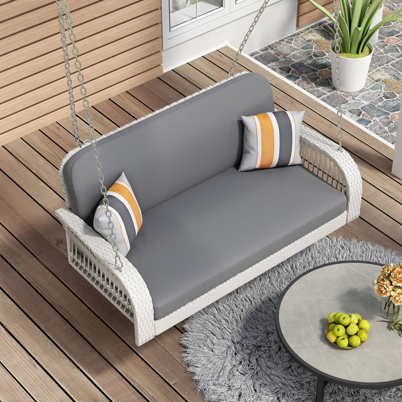 Winston Porter GO PE Wicker Porch Swing, 2-Seater Hanging Bench With Chains, Patio Furniture Swing For Backyard Garden Poolside