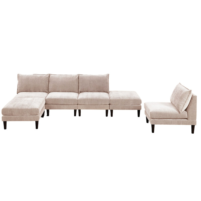Collection modulaire 6 pièces Chic: 4 chaises sans accoudoirs, 2 repose-pieds en tissu minéral et 6 chaises modulaires