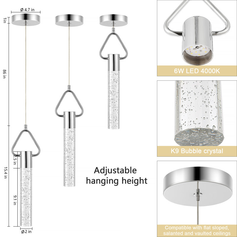 Luminaire suspendu en cristal Brevick, Argent, Triangle, 1 lumières