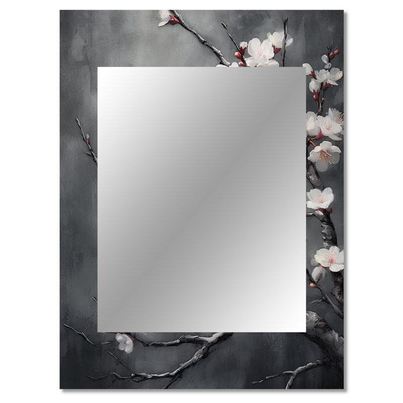 Cerisier en fleurs blanc sur 20 nuances de gris - miroir mural décoratif cerise, grand miroir traditionnel, art imprimé en métal