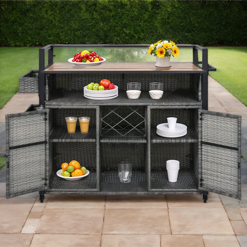 52.8"W Wicker Outdoor Grill Cart with Extended Plastic Wood Table Top, Rolling Kitchen Island on Wheels with Storage Cabinet, for Patio Backyard Garden Poolside, Double Handle Design