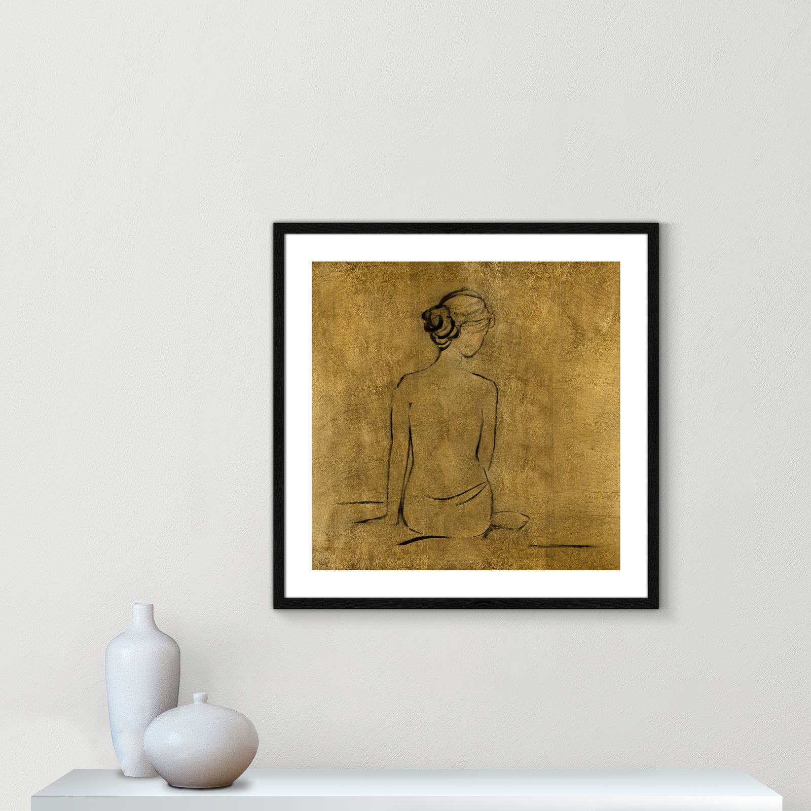Golden Bather I by Sally Swatland - Painting Print, Black Wood Framed Paper, 28.75" H x 28.75" W x 0.75" D
