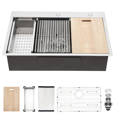 Évier de cuisine encastré de 33 pouces, acier inoxydable T304 de calibre 16, simple cuve avec poste de travail pour le flux de travail, insonorisé et facile à entretenir en acier 33X22 T304, capacité de travail supplémentaire en forme de X