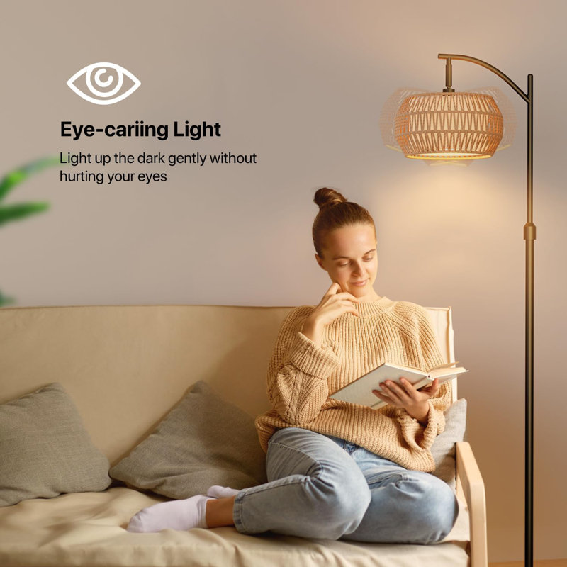 Arc Floor Lamps For Living Room With 3 Color Temperatures, Boho Farmhouse Floor Lamp With Remote & Dimmable RGB Bulb, Standing Lamp With Rattan & Fabric Shades, Adjustable Tall Lamp For Bedroom Office