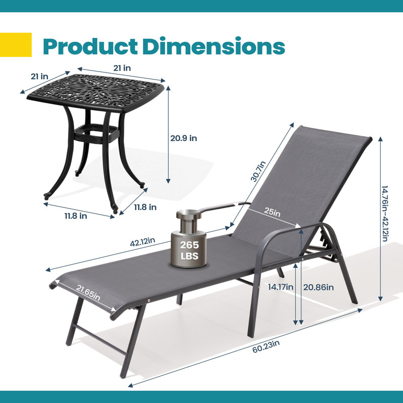 Aluminum Outdoor Chaise Lounge With Square Table, Gray 