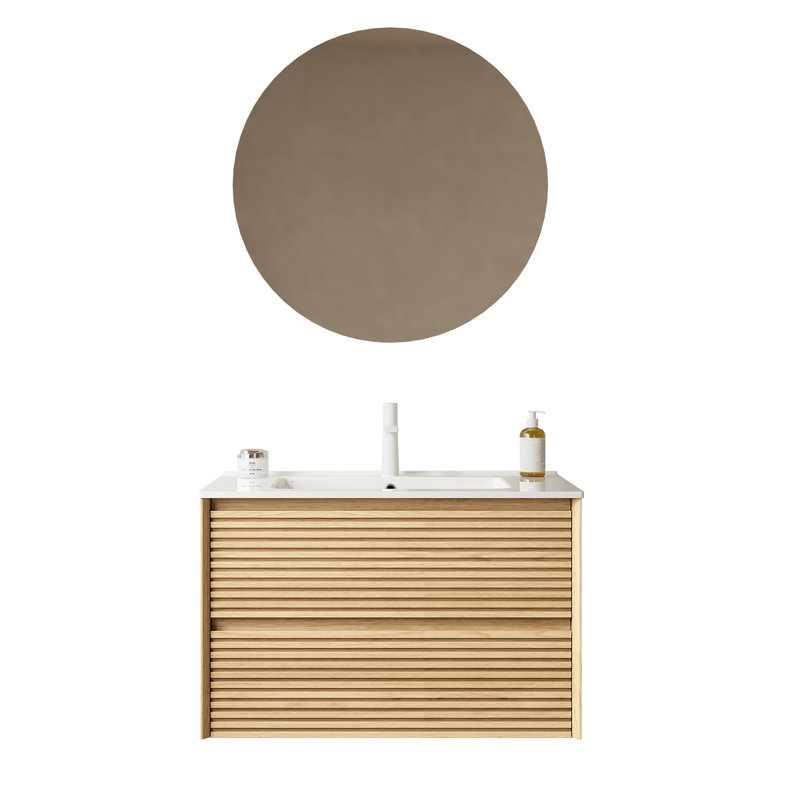 Meuble-lavabo de 30 po avec lavabo, lavabo mural en contreplaqué, cuve en céramique, grain de chêne, rangement de tiroir, armoire pré-assemblée, fonction