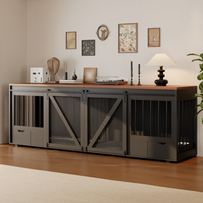 95" Large Furniture Style Dog Crate - Heavy Duty Dog Kennel Furniture For 2 Dogs With Pull-Out Dog Bowl Drawers & Removable Divider - Indoor Wooden Dog Kennel For Large Breeds