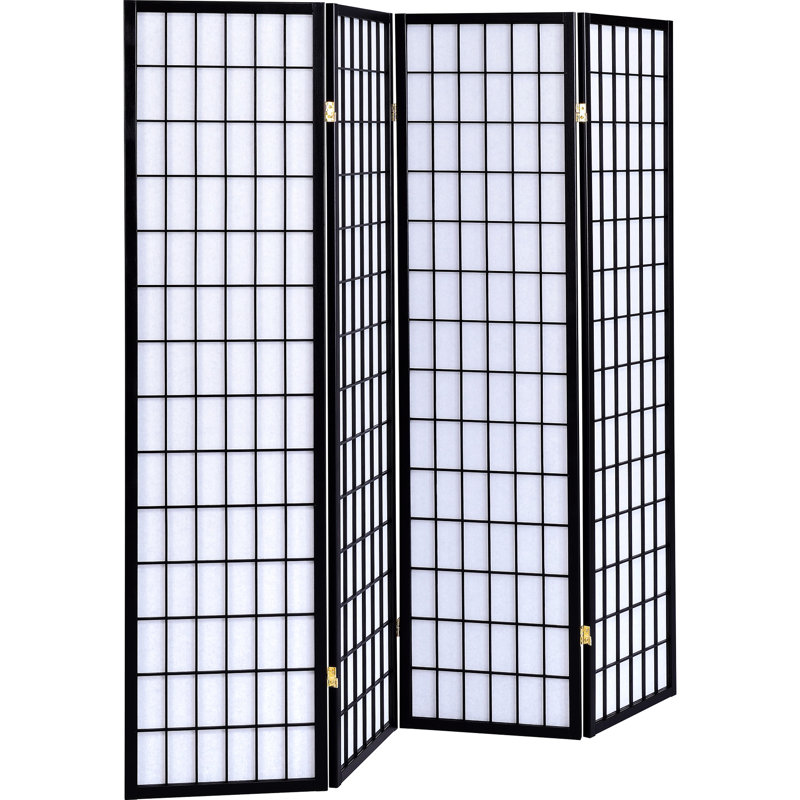 Paravent à 4 panneaux noir, écran, bois d'hévéa et papier blanc, 68,52 pouces de hauteur, 69,5 de largeur, ajoute une touche gracieuse de construction en papier, crée une atmosphère relaxante