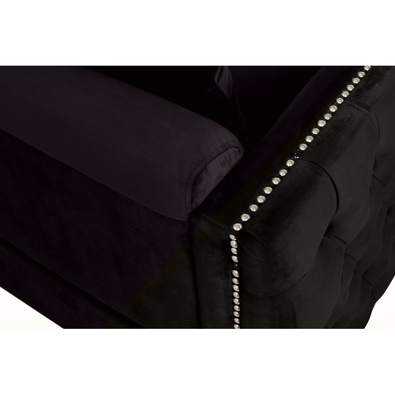 Ensemble de causeuse en velours noir Bayberry avec garniture cloutée faite à la main et capitonnage à boutons pour des salons élégants