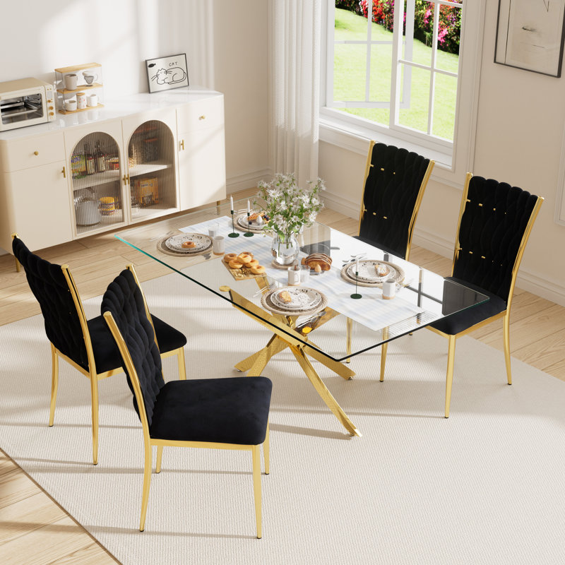 63" Rectangular Tempered Glass Table set, 5, Black/Gold