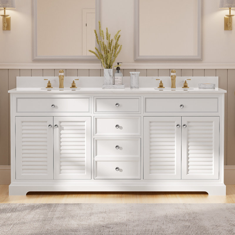 72" Double Banthroom Vanity with Marble Countertop Ceramic Sink and Shutters Doors, White