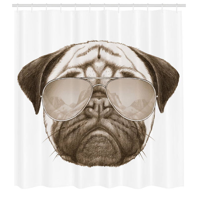 Pug Shower Curtain Set + Hooks, 70"H x 69"W, Umber White
