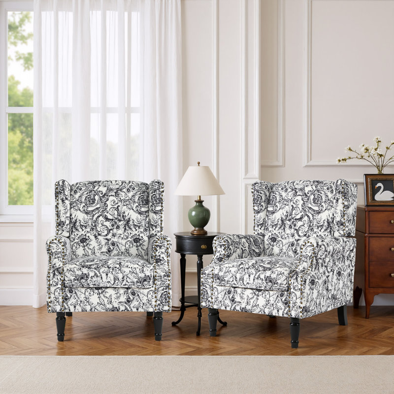 Duward Rococo Black Floral Upholstered Wingback Accent Chair With Nailhead Trim, Rococo Black