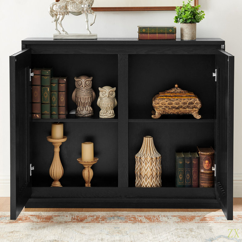 Buffet Mid-Century cannelé avec 2 trous de sortie, Noir